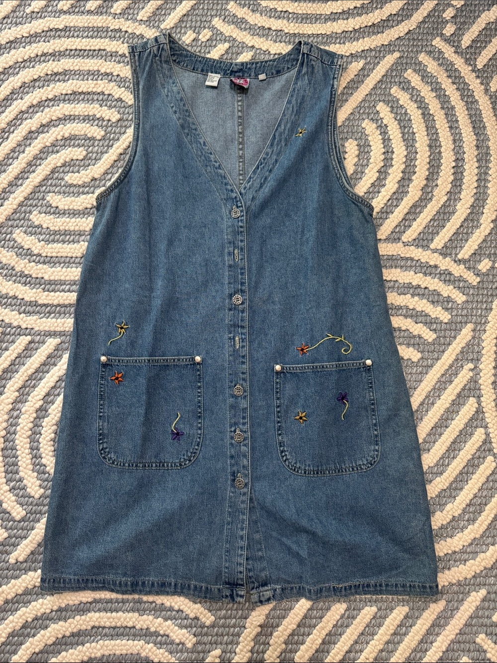 Vintage 90s Y2K Embroidered Denim Jumper Dress Cottagecore